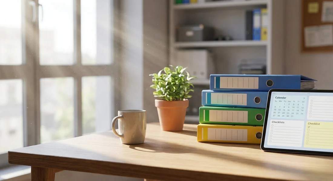 Bureau parfaitement organisé avec dossiers de rangement