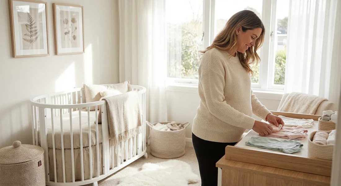 Préparation de la chambre de bébé, femme enceinte pliant des vêtements