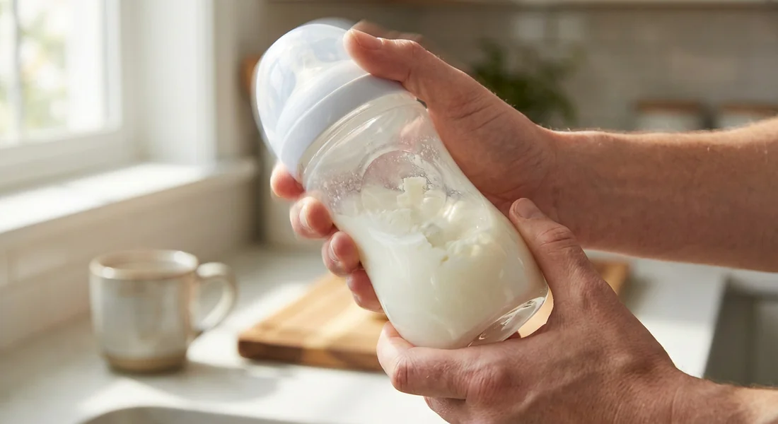 Mélange vigoureux du biberon de lait épaissi pour éviter les grumeaux
