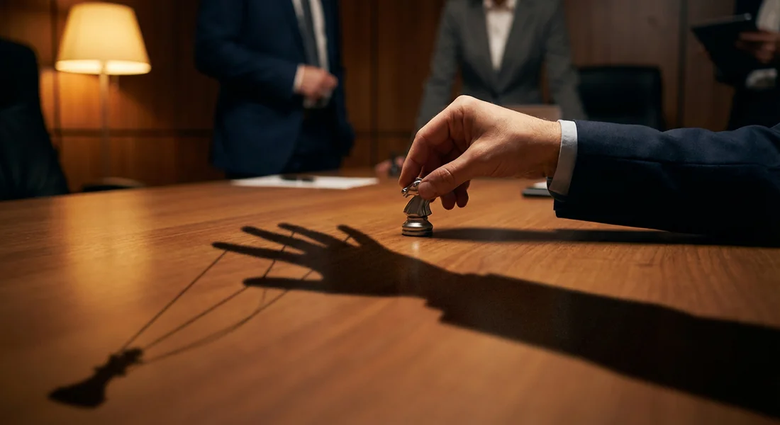 Métaphore visuelle d'un manipulateur tirant les ficelles en réunion