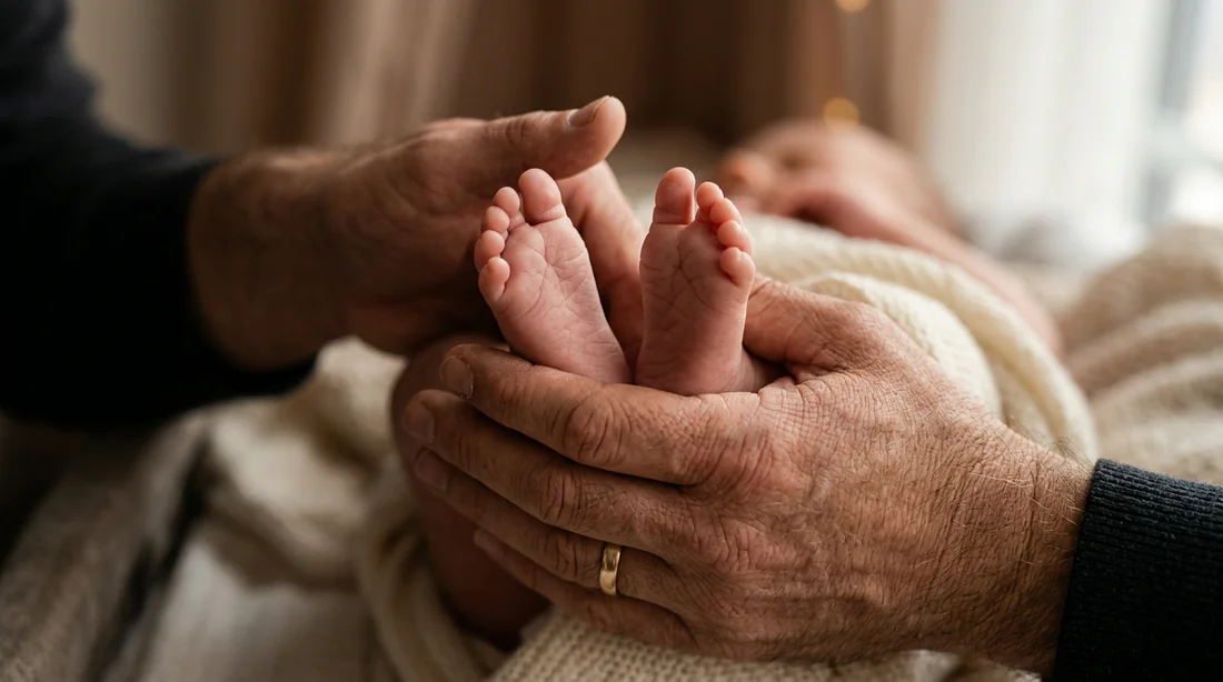 Détail macro des mains d'un père tenant les pieds de son bébé
