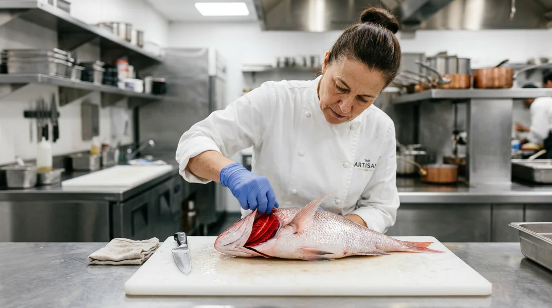 Un chef inspectant les ouïes d'un poisson pour vérifier sa fraîcheur