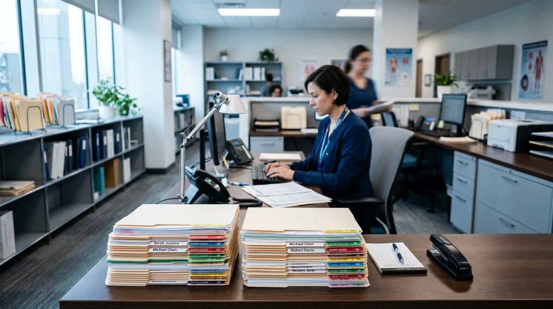 Bureau administratif médical avec dossiers organisés
