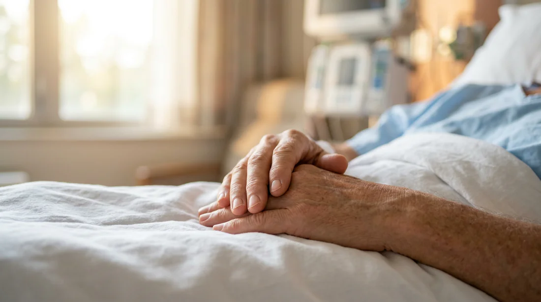 Mains posées sur des draps d'hôpital, ambiance sereine et apaisante
