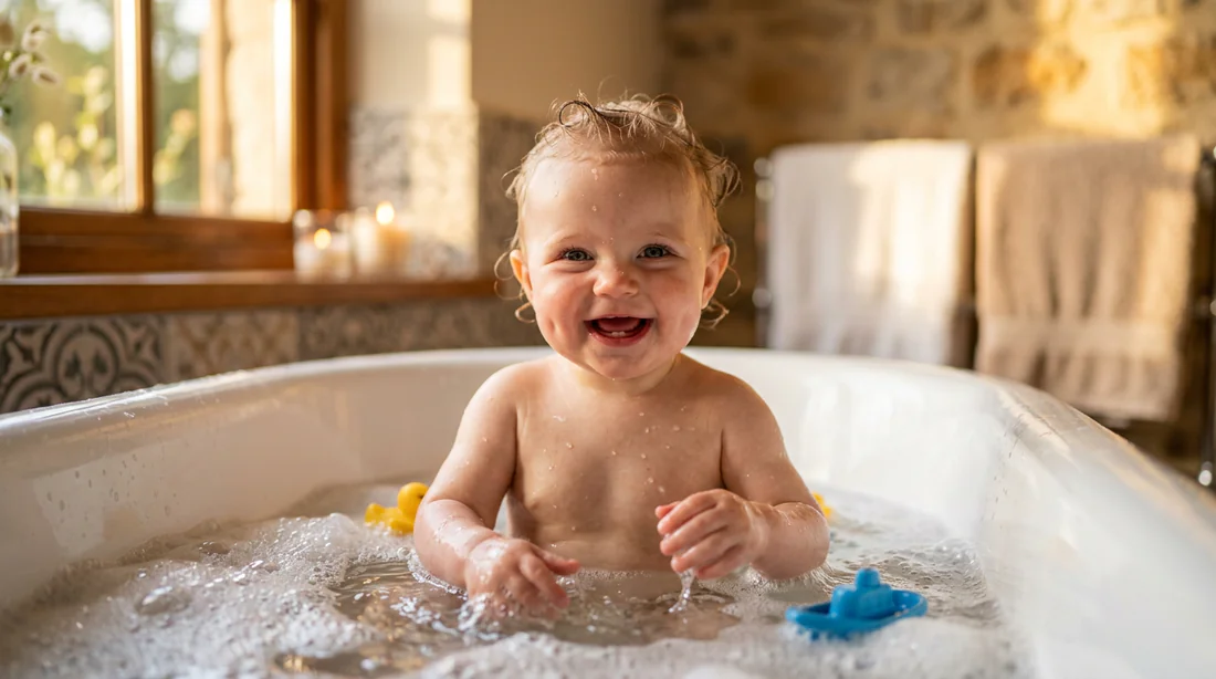 Bébé souriant dans son bain après un repas