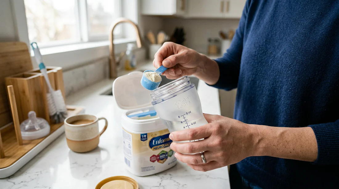 Préparation minutieuse d'un biberon dans une cuisine moderne