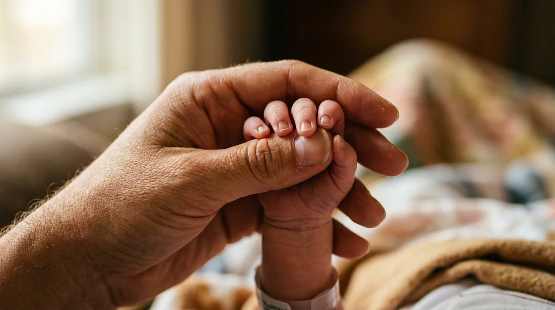 Main d'une maman tenant la main de son bébé