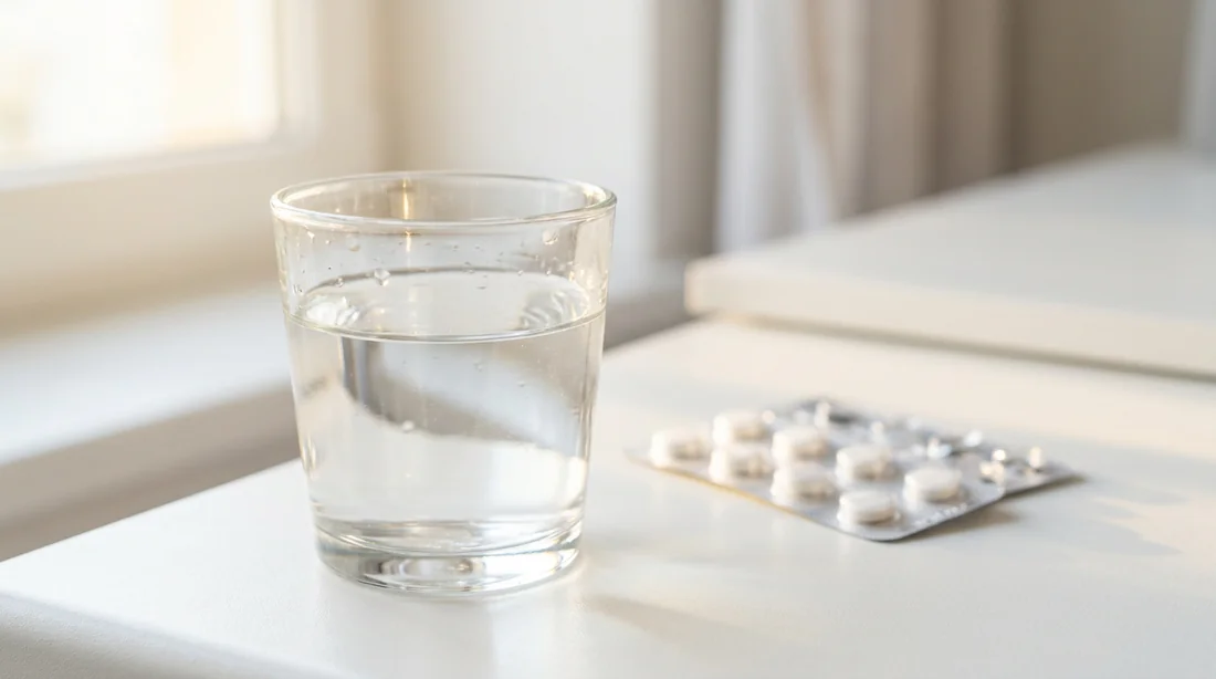 Un verre d'eau et des médicaments en arrière-plan, illustrant la prise en charge quotidienne du traitement.