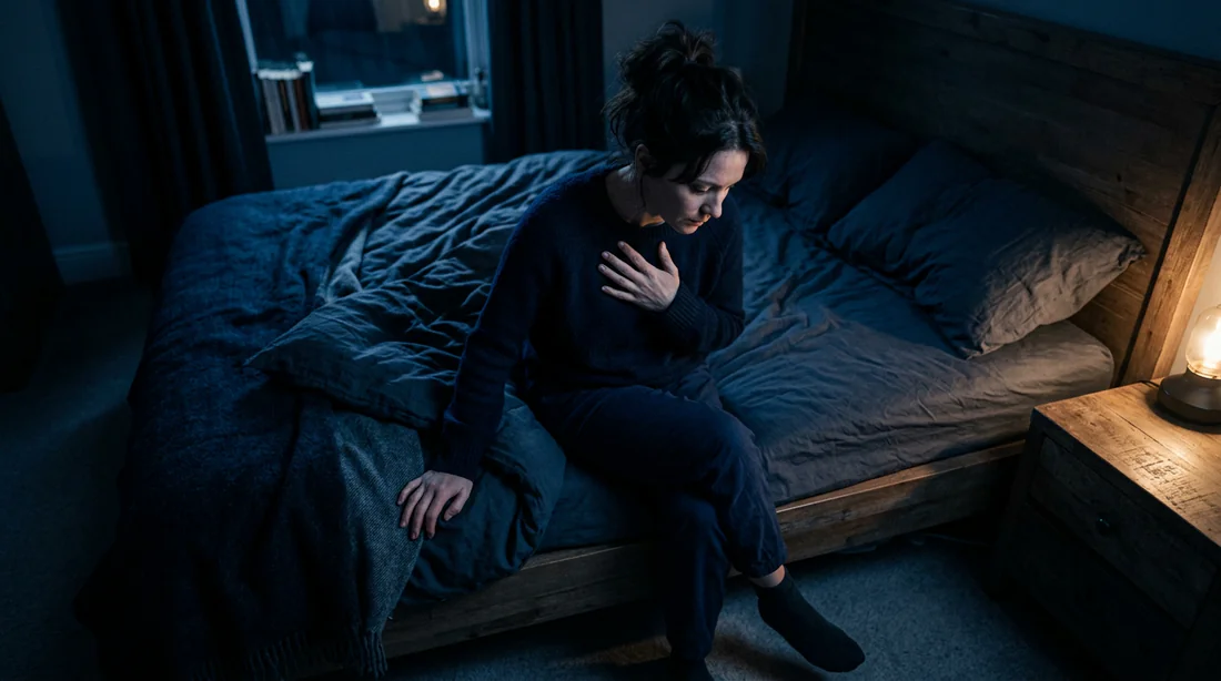 Personne assise sur son lit se tenant la poitrine