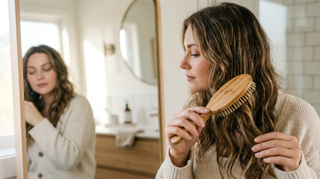 Geste quotidien de brossage de cheveux dans un environnement soigné, illustrant la préoccupation pour la chute de cheveux.