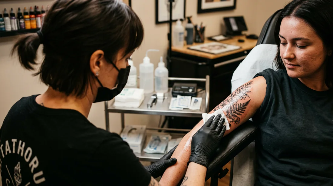 Artiste tatoueur soignant un tatouage frais