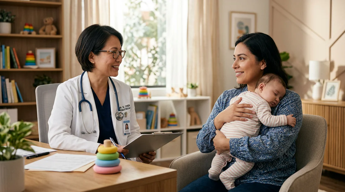 Un pédiatre bienveillant en consultation avec une mère et son bébé
