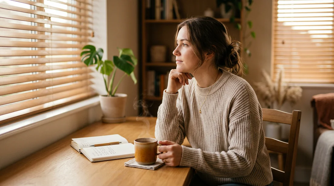Femme détendue avec une tasse de thé dans un intérieur lumineux