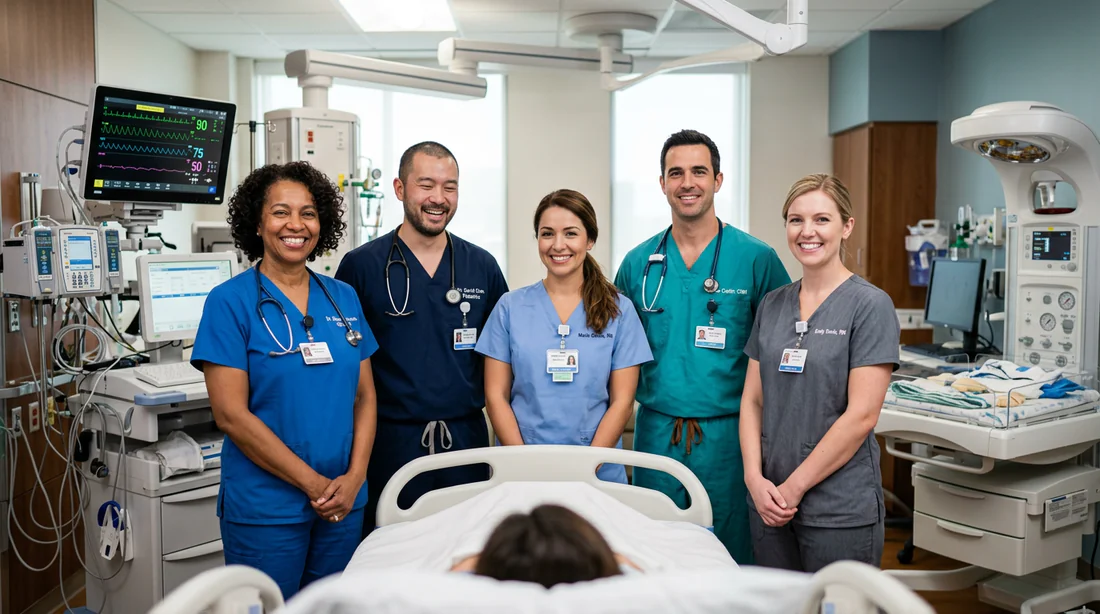 Équipe médicale professionnelle et rassurante dans une salle d'accouchement moderne