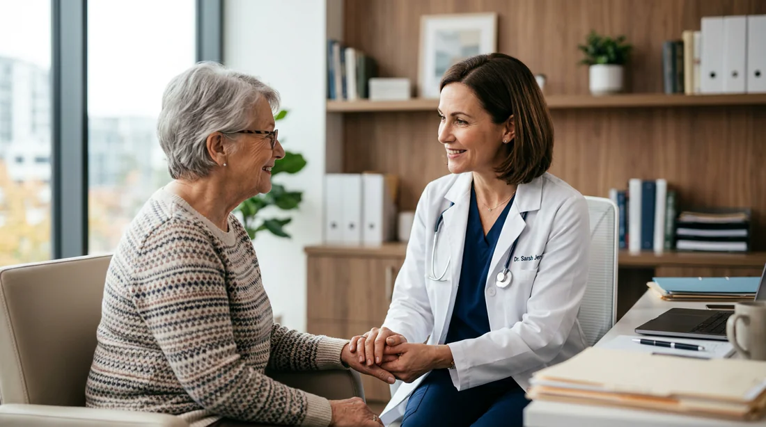 Échange bienveillant entre une patiente et un professionnel de santé au sujet du traitement Kisqali