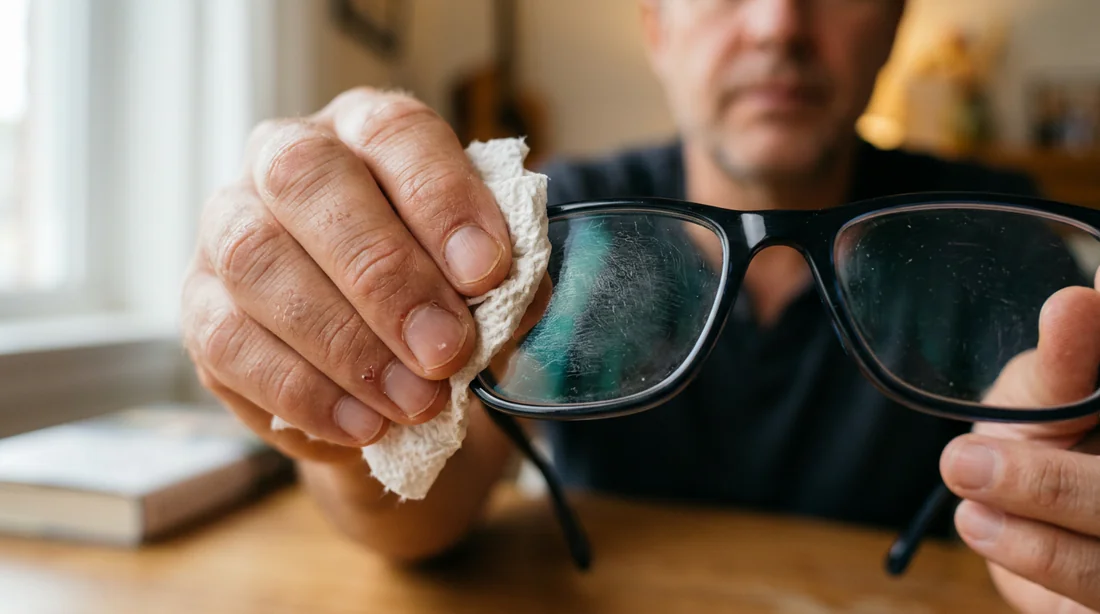 Mauvaise habitude de nettoyage des lunettes avec un essuie-tout abîmant le verre