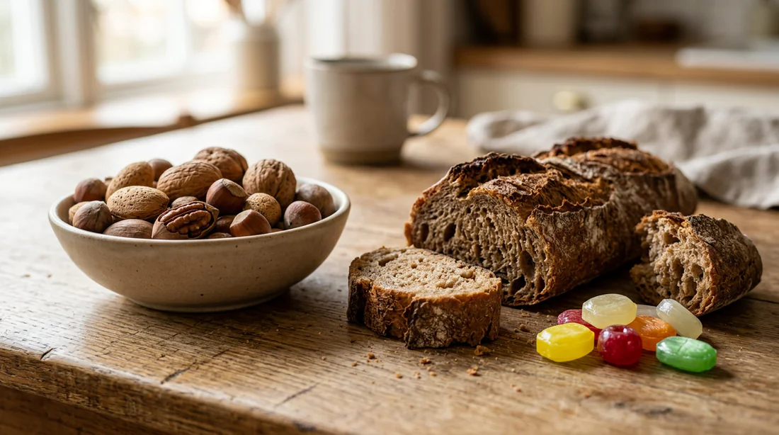 Assortiment d'aliments dures et croquants déconseillés avec des bagues dentaires