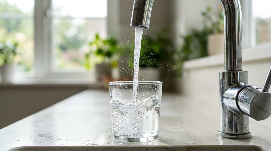 Eau claire coulant du robinet de la cuisine dans un verre