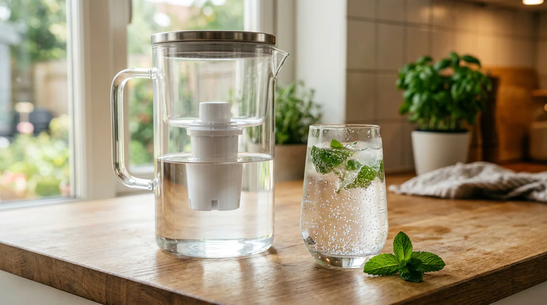 Carafe filtrante sur un plan de travail en bois avec eau fraîche
