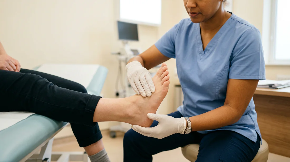 Examen médical du pied par un chirurgien avant l'ablation des vis